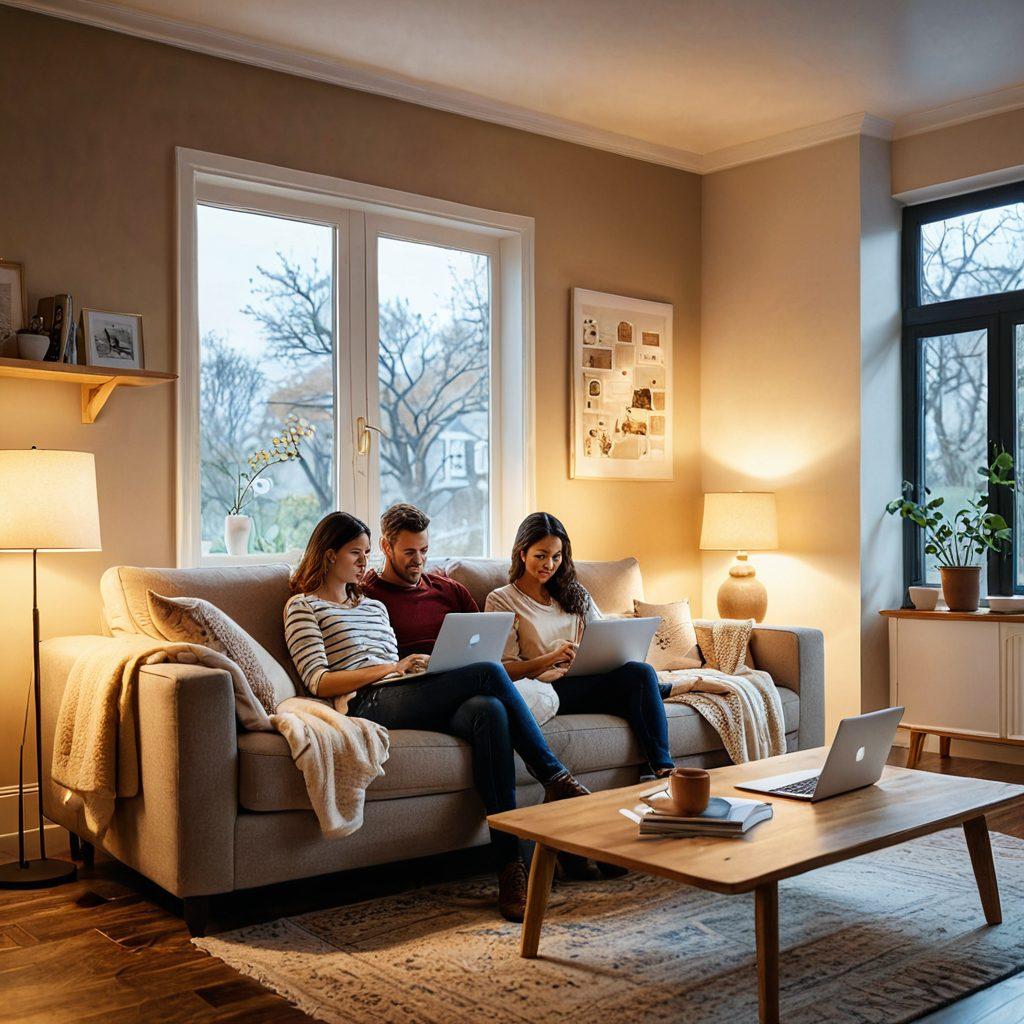 A cozy couple sitting in a warmly lit living room, surrounded by insurance policy documents and a laptop. A protective shield graphic overlays the image, symbolizing safety and security. Various icons representing different types of insurance (home, health, auto) float around them, emphasizing the theme of protection. Soft colors convey a sense of tranquility and trust. super-realistic. warm tones. cozy setting.