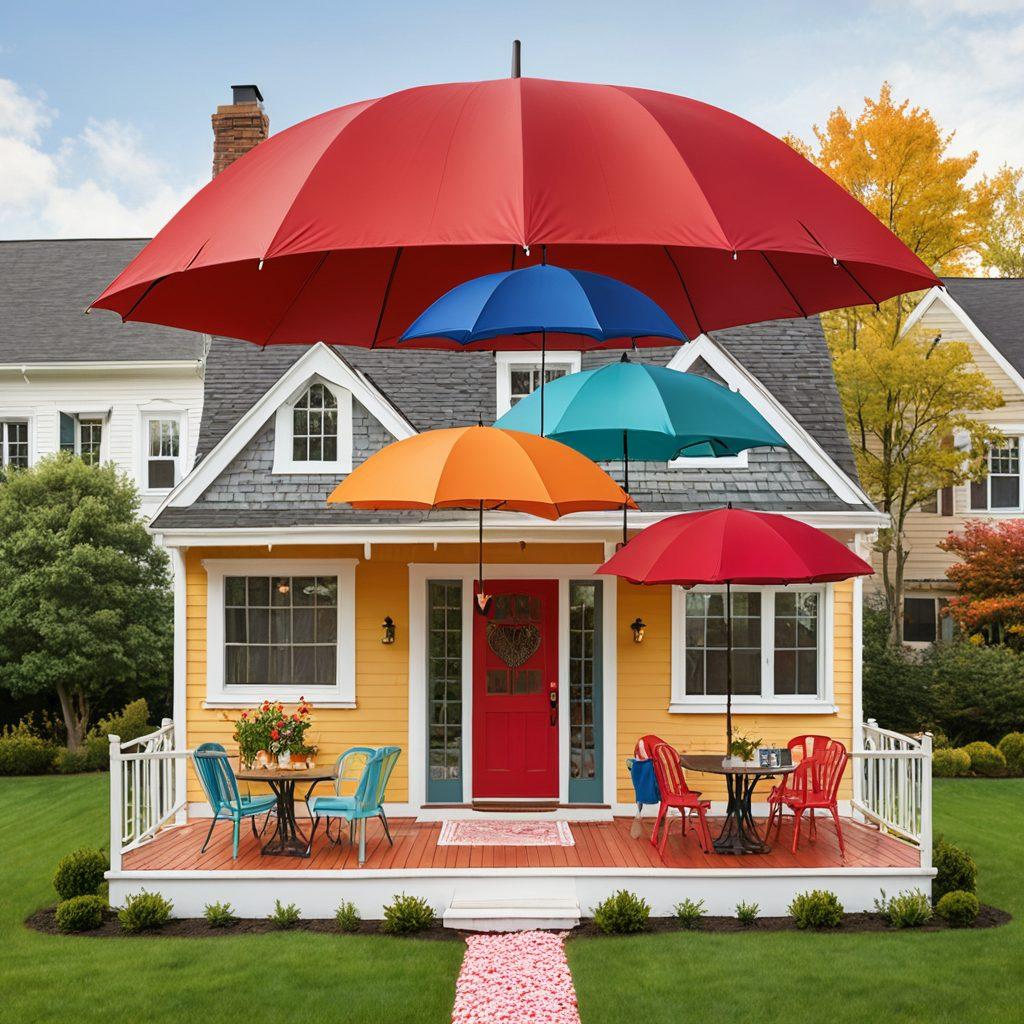 A whimsical illustration of a cozy home split into two sections: one side featuring a couple joyfully bonding under an umbrella labeled 'Love Insurance', while the other showcases a well-organized space with a checklist of renter's insurance essentials. Surrounding them are heart-shaped safety nets and protective shields representing emotional and asset security. Playful colors and soft edges create a warm atmosphere. vibrant colors. illustration.