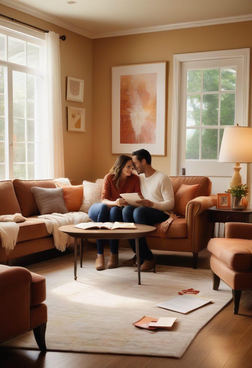 A cozy living room scene with a couple sharing a moment, surrounded by symbols of love like heart-shaped decor and home insurance documents. In the background, a gentle reminder of the homeownership journey with keys and a welcoming front door. Soft warm lighting enhances the affection while floating text highlights the balance of love and security. The color palette should be inviting, with warm tones depicting harmony and safety. painting. vibrant colors. soft-focus.